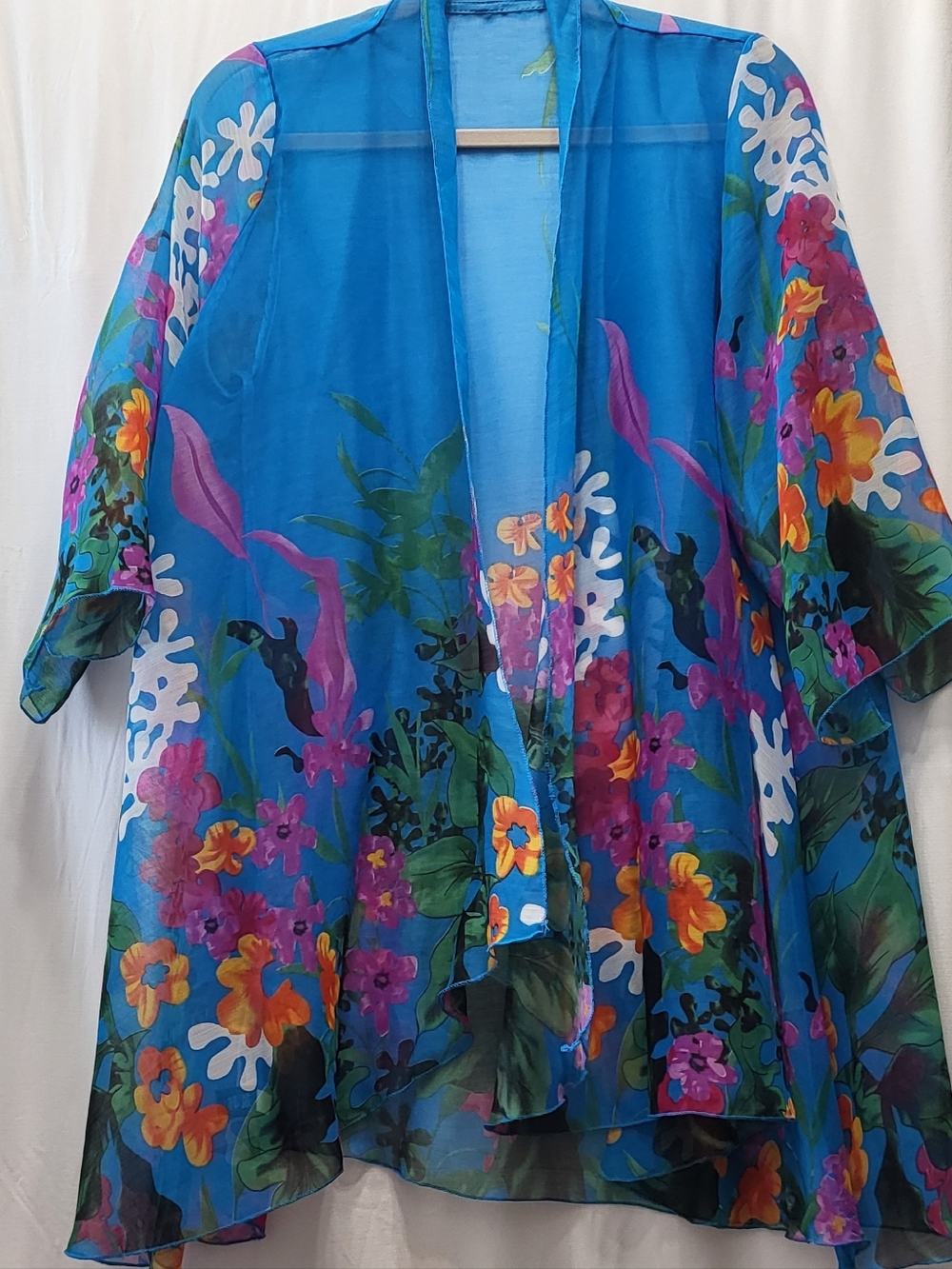 Women's Blue Floral Sheer Kimono Tunic - Lightweight Layering Top